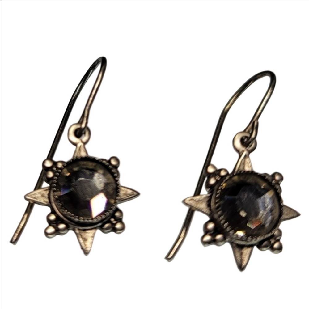 Silver Star Rhinestones Estate Earrings Vintage Gothic Scalloped Faux Crystals